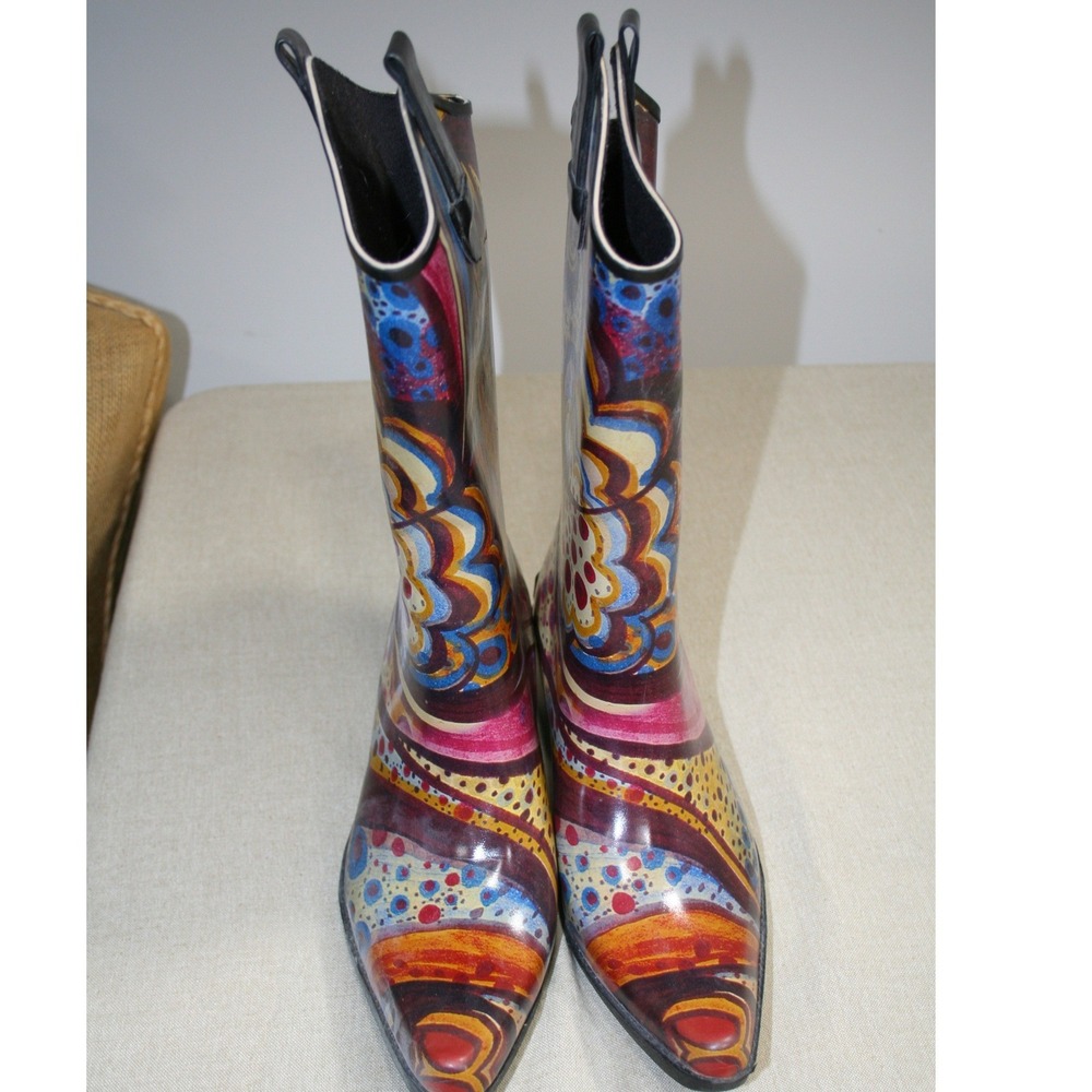 Corkys Womens Multi Color Psychedelic Print Rubber Rain Boots Western Heel Sz 8